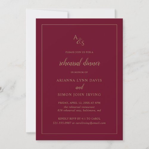 Formal Monogram Gold Burgundy Rehearsal Dinner Invitation