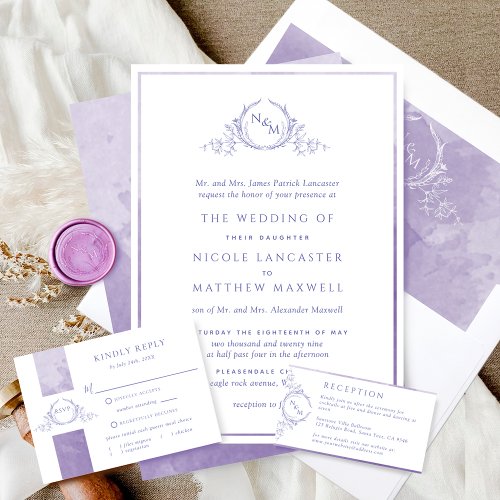 Formal Monogram Lavender Watercolor Wedding Invitation