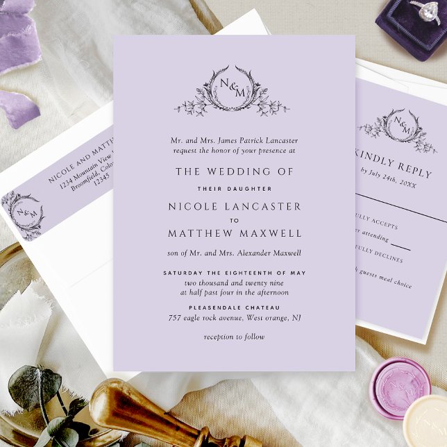Formal Monogram Lavender Wedding Invitation (Creator Uploaded)
