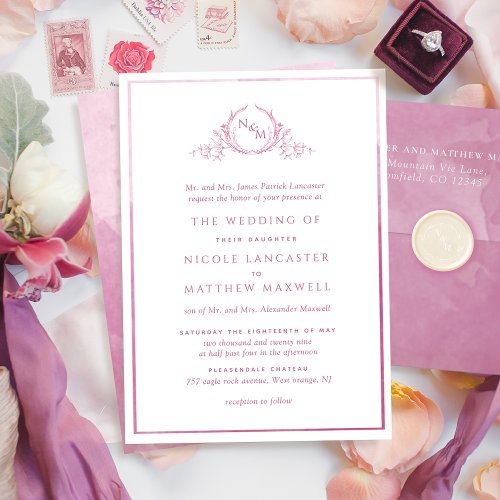 Formal Monogram Mauve Pink Watercolor Wedding Invitation