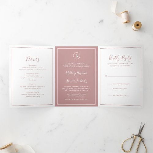 Formal Monogram Photo Dusty Rose Elegant Wedding Tri_Fold Invitation