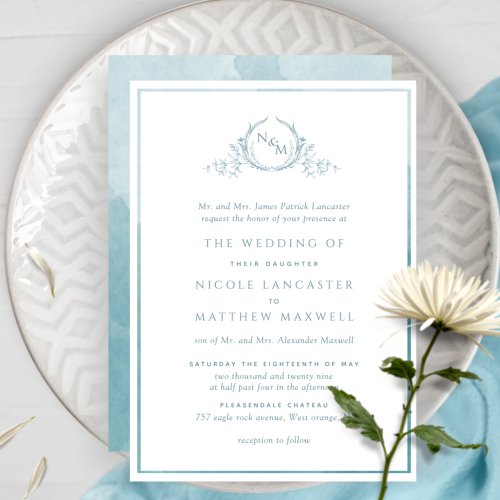 Formal Monogram Sage Sea Glass Watercolor Wedding Invitation