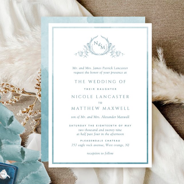 Formal Monogram Sage Sea Glass Watercolor Wedding Invitation (Creator Uploaded)