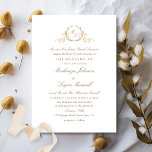Formal Monogram White and Gold Elegant Wedding Invitation<br><div class="desc">Delight your friends and family with this elegant Wedding invitation showcasing a delicate hand-drawn monogram with the couple's initials in golden hues. Simple, sleek, and stylish design with calligraphy details. Monogram in faux gold foil and text in golden hues, over a white background. Back in white. Design with the ability...</div>