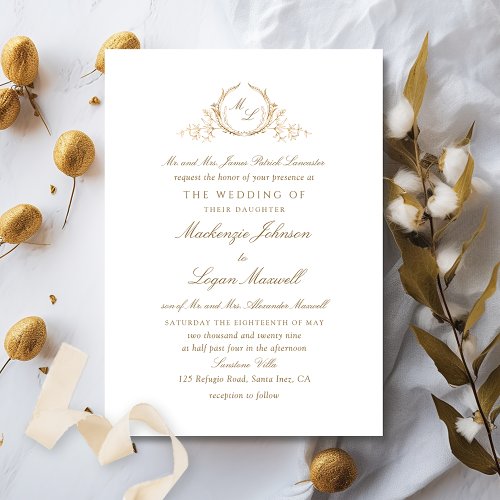 Formal Monogram White and Gold Elegant Wedding Invitation