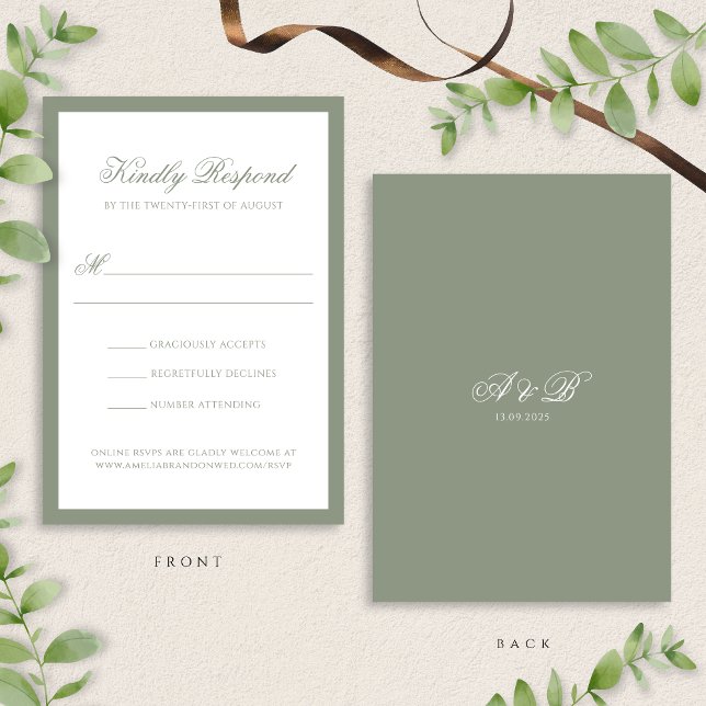 Formal Muted Sage Green Border & Monogram Wedding RSVP Card (Creator Uploaded)