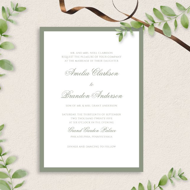 Formal Muted Sage Green Border Script Wedding Invitation (Creator Uploaded)