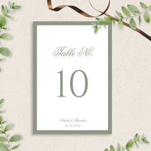 Formal Muted Sage Green Border Script Wedding Table Number