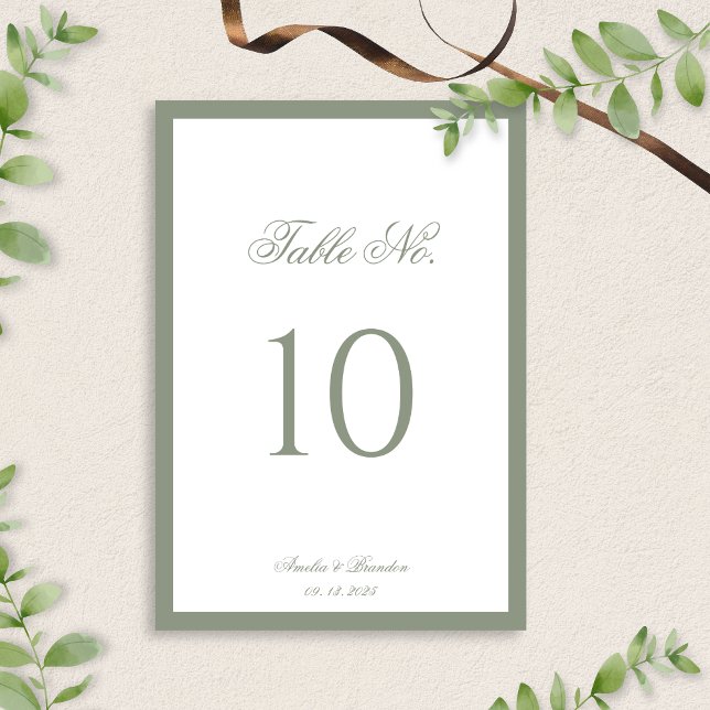 Formal Muted Sage Green Border Script Wedding Table Number (Creator Uploaded)