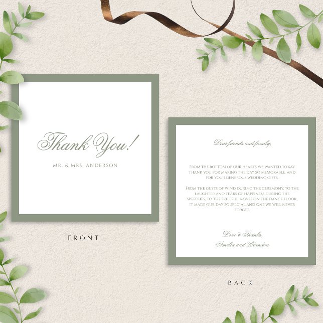 Formal Muted Sage Green Border Wedding Thank You Note Card (Creator Uploaded)