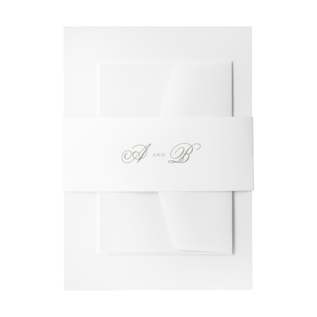 Formal Muted Sage Green Monogram Script Wedding Invitation Belly Band (Front Example)