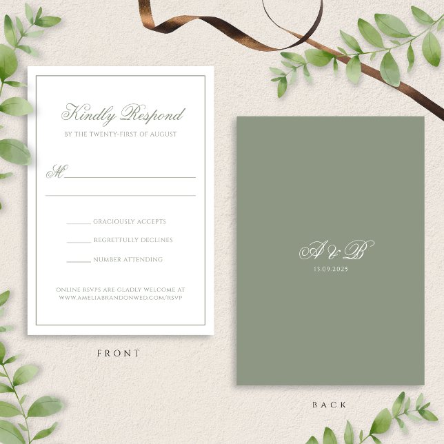 Formal Muted Sage Green Monogram Script Wedding RSVP Card (Creator Uploaded)