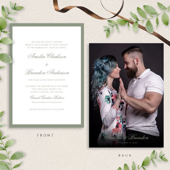Formal Muted Sage Green & Script Photo Wedding Invitation (Creator Uploaded)