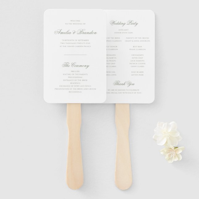Formal Muted Sage Green Script Wedding Program Hand Fan (Front and Back)