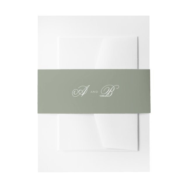 Formal Muted Sage Green & White Script Wedding Invitation Belly Band (Front Example)