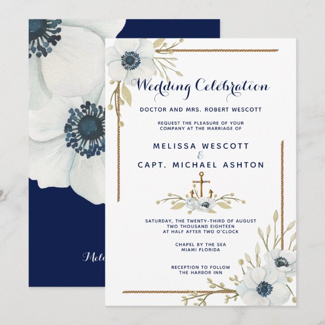 Formal Nautical Navy & White Anemone Wedding Invitation (Front/Back)