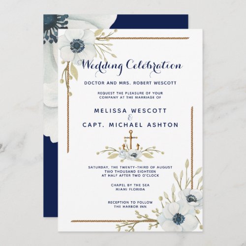 Formal Nautical Navy  White Anemone Wedding Invitation