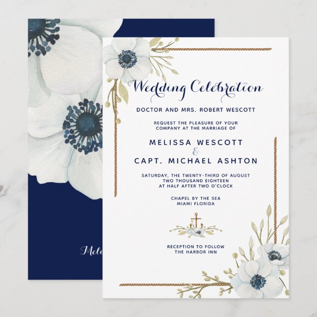 Formal Nautical Navy & White Anemone Wedding Invitation (Front/Back)