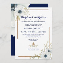 Formal Nautical Navy &amp; White Anemone Wedding Invitation