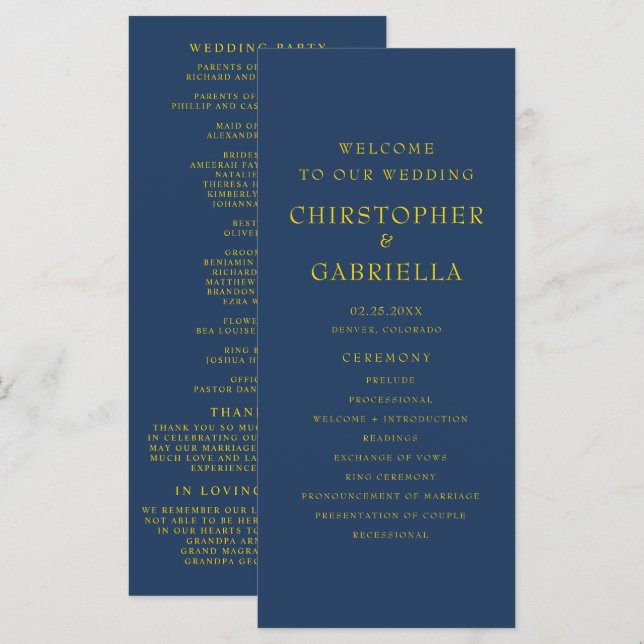 Formal Navy and Gold Simple Wedding Program (Front/Back)