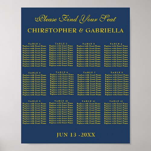 Formal Navy and Gold Simple Wedding Seating Chart