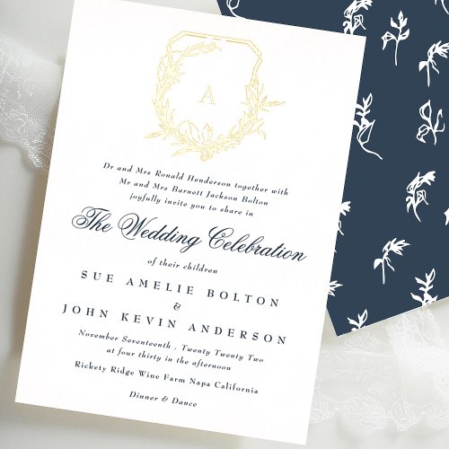 formal navy blue botanical gold monogram crest foil invitation