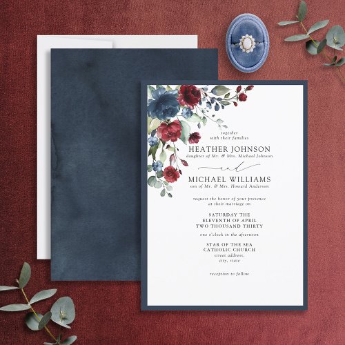 Formal Navy Blue Burgundy Floral Watercolor Script Invitation