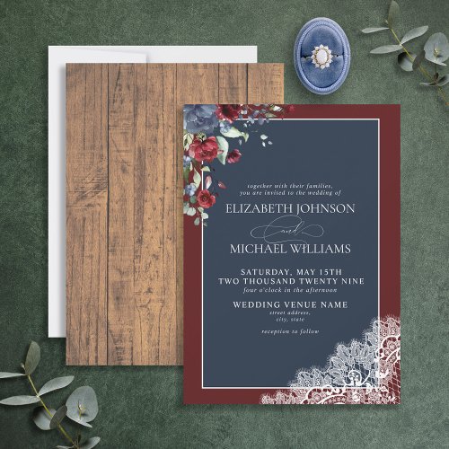 Formal Navy Blue Burgundy Wood Script Wedding Invitation