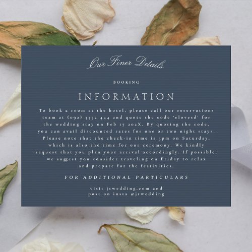 Formal Navy Blue Calligraphy Wedding Details Enclosure Card
