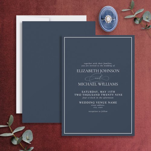 Formal Navy Blue Classic Script Wedding Invitation