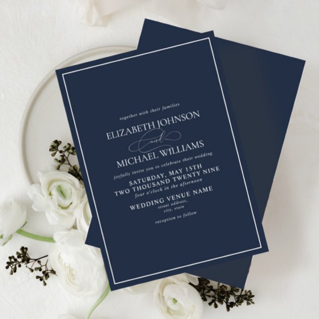 Formal Navy Blue Classic Script Wedding Invitation (Creator Uploaded)