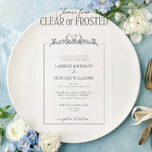 Formal Navy Blue Floral Border Monogram Wedding Acrylic Invitations