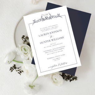 Formal Navy Blue Floral Border Monogram Wedding Invitation