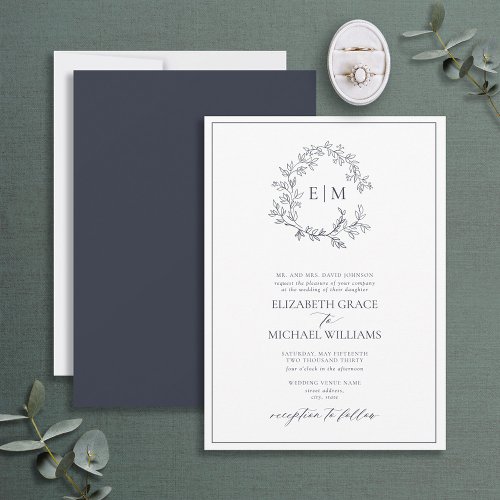 Formal Navy Blue Leafy Crest Monogram Wedding Invitation