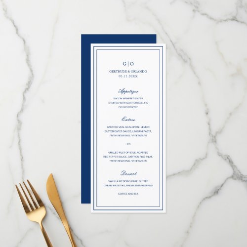 Formal Navy Blue Monogram Elegant Wedding Menu
