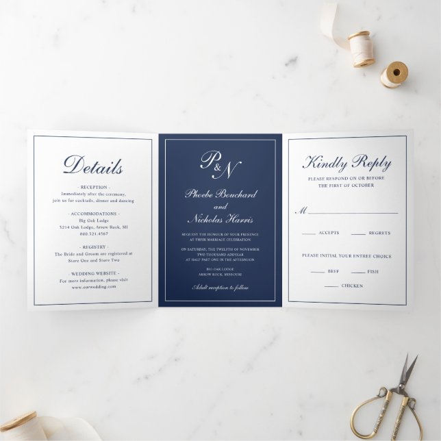 Formal Navy Blue Monogram Photo Elegant Wedding Tri-Fold Invitation (Inside)