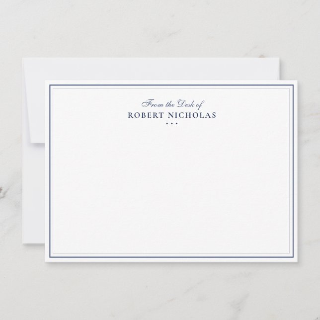 Formal Navy blue Script Two Border Stationery Note Card (Front)