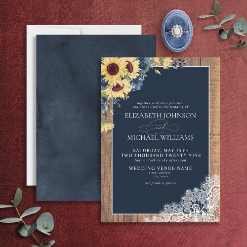 Formal Navy Blue Sunflower Lace Script Wedding Invitation
