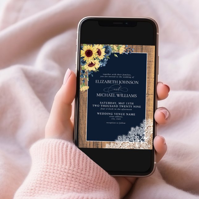 Formal Navy Blue Sunflower Lace Script Wedding Invitation (Creator Uploaded)