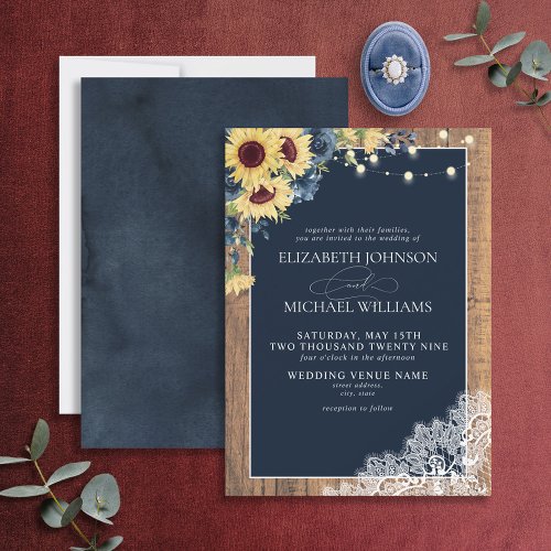 Formal Navy Blue Sunflower Wood Lace Wedding Invitation