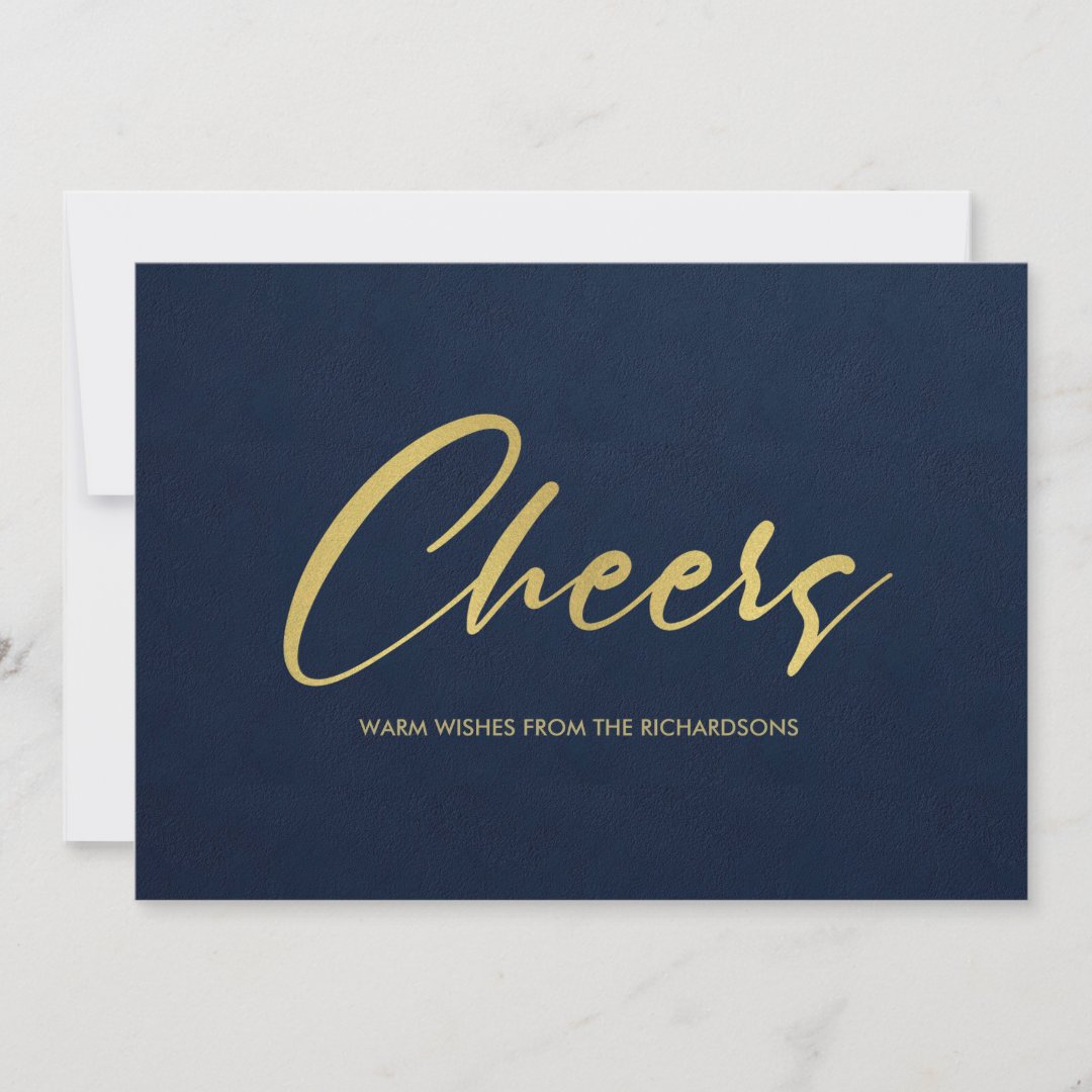 FORMAL NAVY FAUX GOLD MINIMAL CALLIGRAPHY CHEERS HOLIDAY CARD | Zazzle