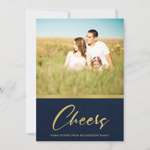 FORMAL NAVY FAUX GOLD MINIMAL CHEERS PHOTO HOLIDAY CARD