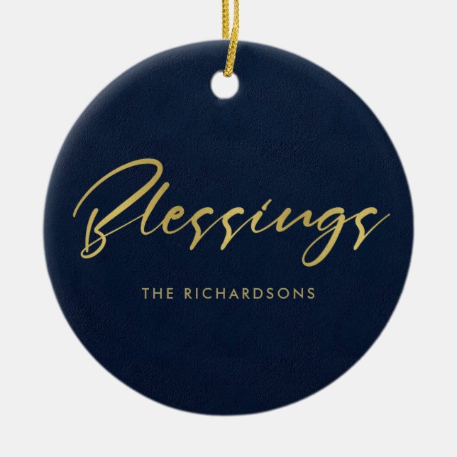 FORMAL NAVY GOLD MINIMAL CALLIGRAPHY BLESSINGS CERAMIC ORNAMENT (Front)