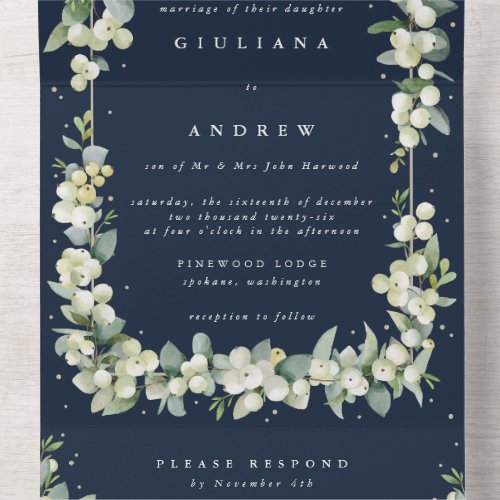 Formal Navy SnowberryEucalyptus Winter Wedding All In One Invitation