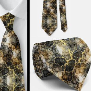 Formal Neck Tie   Marble Black, White & Gold
