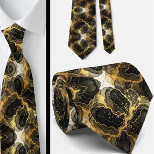 Formal Neck Tie   Marble Black, White & Gold