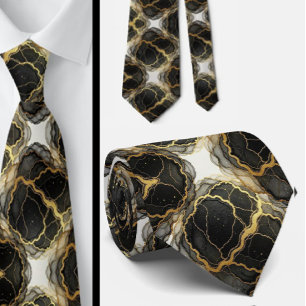 Formal Neck Tie   Marble Black, White & Gold