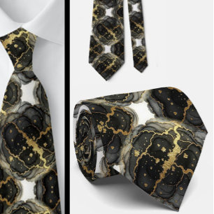 Formal Neck Tie   Marble Black, White & Gold