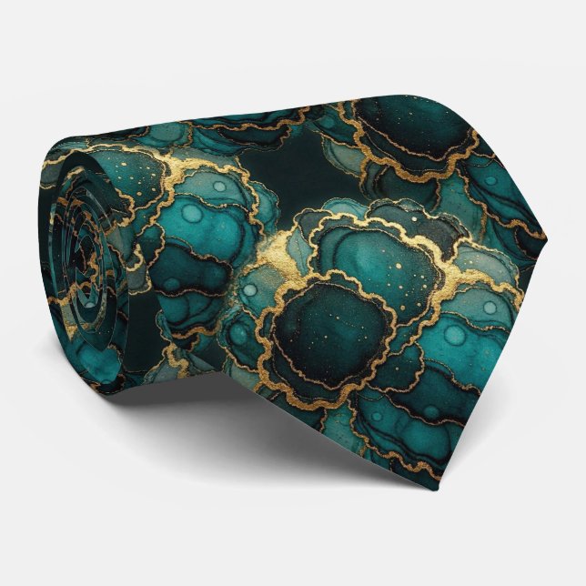 Formal Neck Tie | Marble Teal Blue & Gold (Rolled)