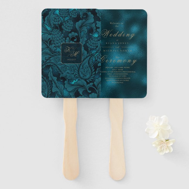 Formal Paisley Wedding Dark Teal ID767 Hand Fan (Front and Back)
